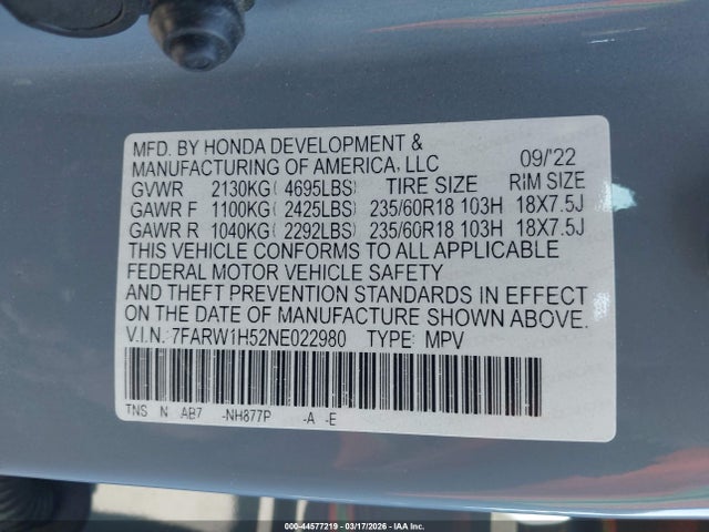 Honda Cr-v 2wd Ex 2022 7FARW1H52NE022980 Image 9