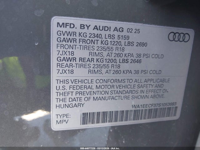 Aukcja sprzedaży 2025 Audi Q3 Premium 45 Tfsi S Line Quattro Tiptronic, vin: WA1EECF37S1053683, numer aukcji: 44577228