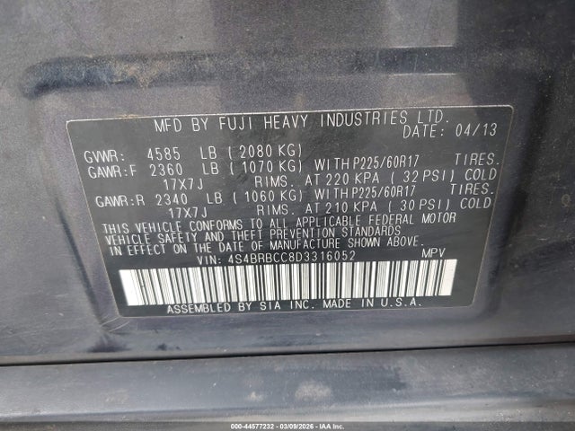 2013 Subaru Outback 2.5i Premium მანქანა იყიდება აუქციონზე, vin: 4S4BRBCC8D3316052, აუქციონის ნომერი: 44577232