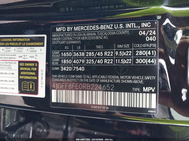 Aukcja sprzedaży 2024 Mercedes-benz Gls 580 4matic, vin: 4JGFF8FE0RB224652, numer aukcji: 44577262