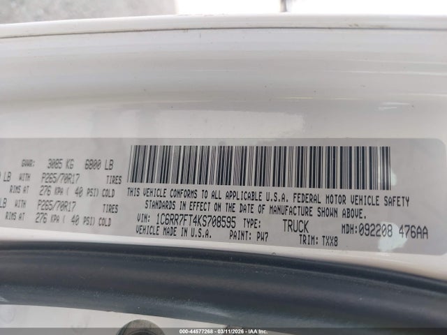 Продажа на аукционе авто 2019 Ram 1500 Classic, vin: 1C6RR7FT4KS708595, номер лота: 44577268