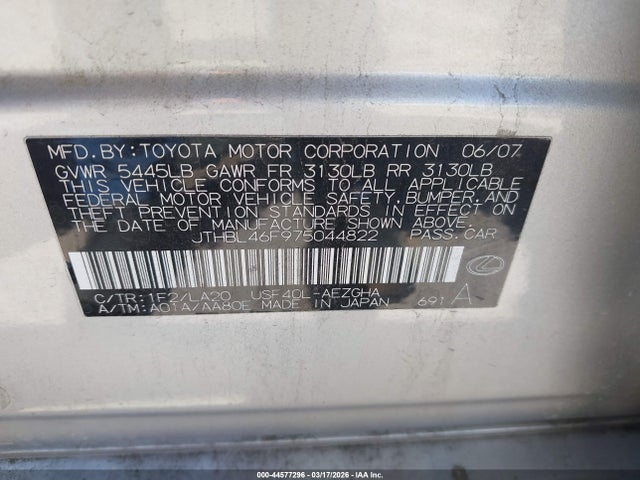 Продажа на аукционе авто 2007 Lexus Ls 460, vin: JTHBL46F975044822, номер лота: 44577296