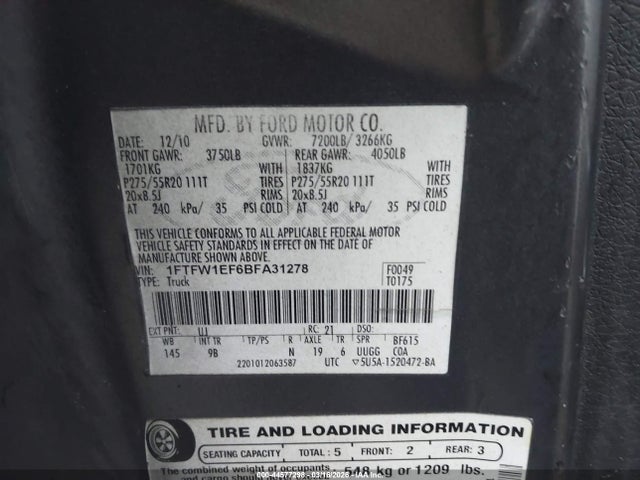 44577298 :رقم المزاد ، 1FTFW1EF6BFA31278 vin ، 2011 Ford F-150 Platinum مزاد بيع
