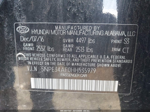 Aukcja sprzedaży 2017 Hyundai Sonata Sport, vin: 5NPE34AF0HH535979, numer aukcji: 44577347