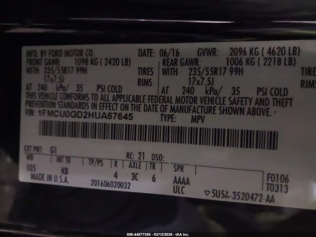 44577350 :رقم المزاد ، 1FMCU0GD2HUA67645 vin ، 2017 Ford Escape Se مزاد بيع