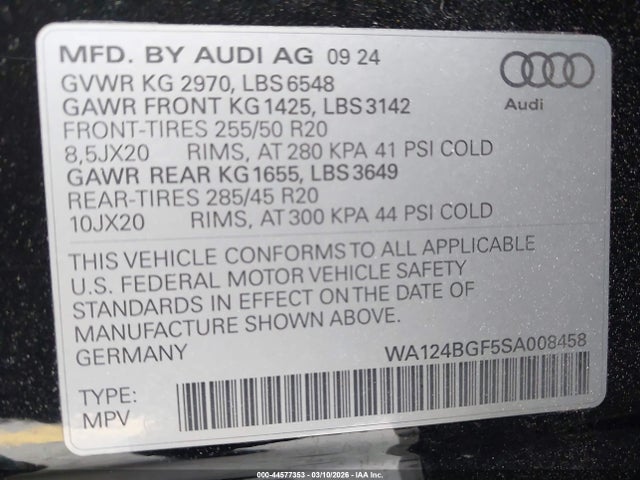 2025 Audi Q6 E-tron Premium Plus Quattro მანქანა იყიდება აუქციონზე, vin: WA124BGF5SA008458, აუქციონის ნომერი: 44577353