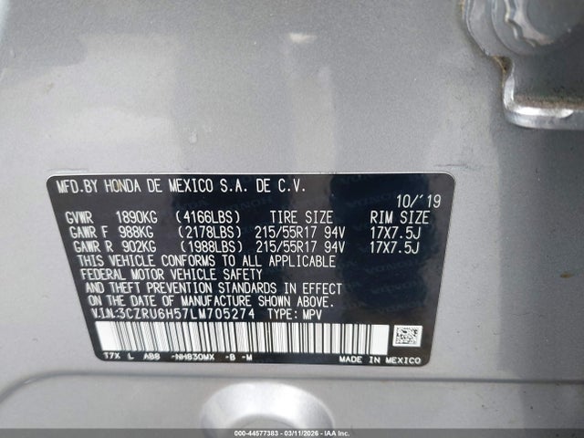 44577383 :رقم المزاد ، 3CZRU6H57LM705274 vin ، 2020 Honda Hr-v Awd Ex مزاد بيع