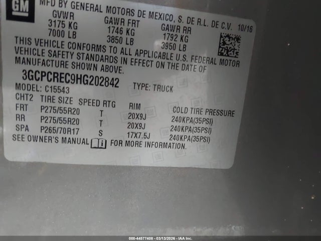 Продаж на аукціоні авто 2017 Chevrolet Silverado 1500 1lt, vin: 3GCPCREC9HG202842, номер лоту: 44577408