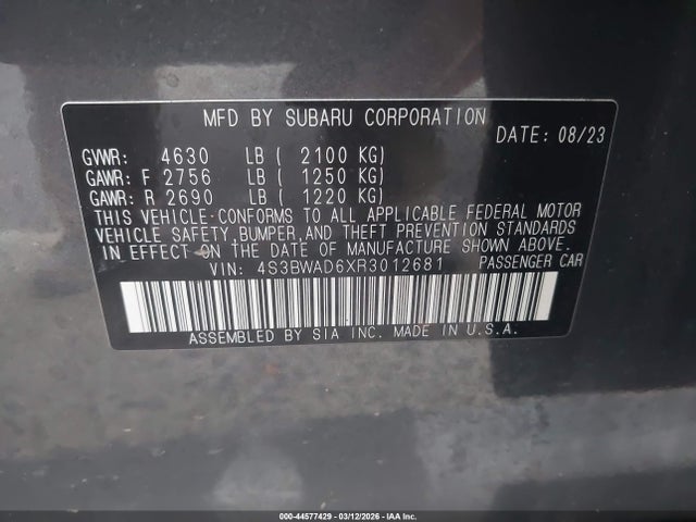 Aukcja sprzedaży 2024 Subaru Legacy Premium, vin: 4S3BWAD6XR3012681, numer aukcji: 44577429