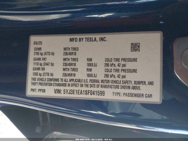 Продаж на аукціоні авто 2025 Tesla Model 3 Long Range Rear-wheel Drive/standard Rear-wheel Drive, vin: 5YJ3E1EA1SF041599, номер лоту: 44577476