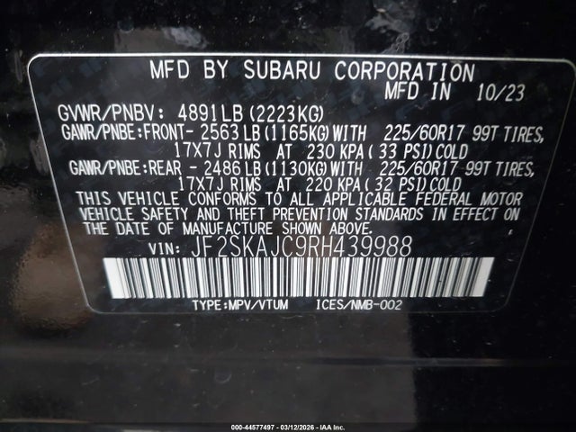 44577497 :رقم المزاد ، JF2SKAJC9RH439988 vin ، 2024 Subaru Forester Wilderness مزاد بيع