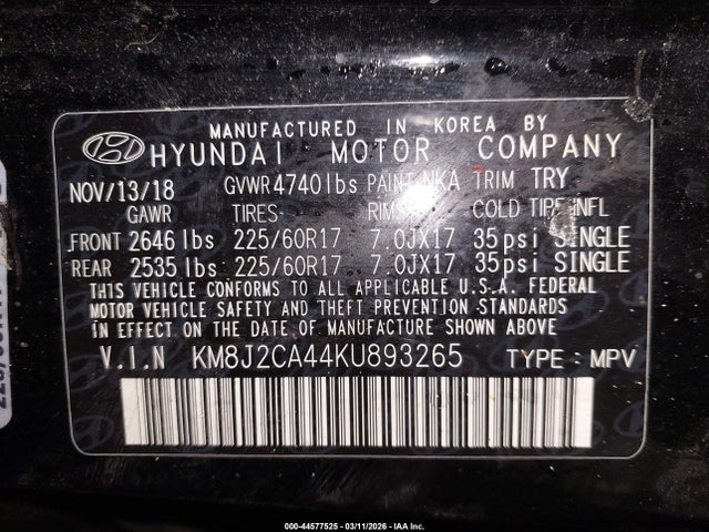2019 Hyundai Tucson Se მანქანა იყიდება აუქციონზე, vin: KM8J2CA44KU893265, აუქციონის ნომერი: 44577525