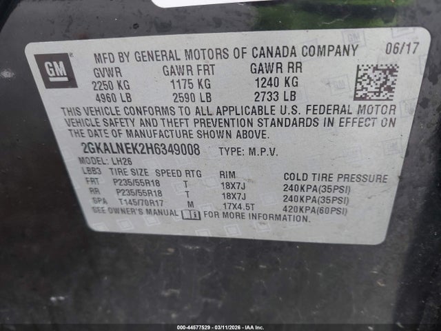 Aukcja sprzedaży 2017 Gmc Terrain Sle-2, vin: 2GKALNEK2H6349008, numer aukcji: 44577529