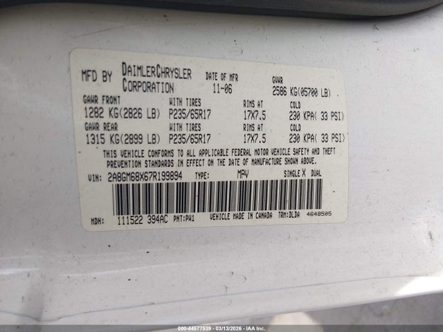 Aukcja sprzedaży 2007 Chrysler Pacifica Touring, vin: 2A8GM68X67R199894, numer aukcji: 44577539