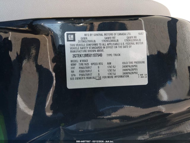 Aukcja sprzedaży 2008 Gmc Sierra 1500 Slt, vin: 2GTEK13M581187949, numer aukcji: 44577557