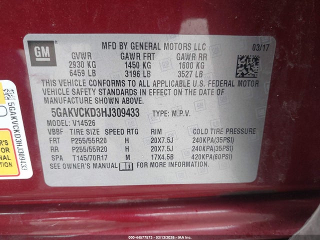 44577573 :رقم المزاد ، 5GAKVCKD3HJ309433 vin ، 2017 Buick Enclave Premium مزاد بيع