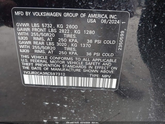 Продажа на аукционе авто 2024 Volkswagen Atlas 2.0t Se W/technology, vin: 1V2JR2CA3RC597312, номер лота: 44577578