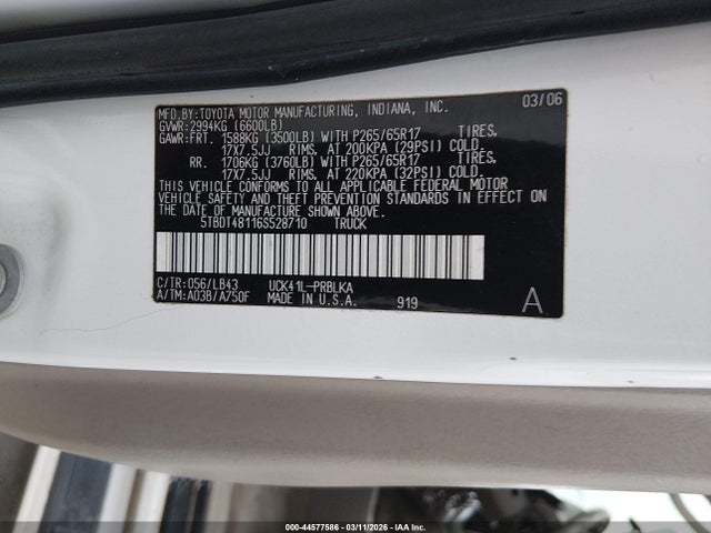 Aukcja sprzedaży 2006 Toyota Tundra Limited V8, vin: 5TBDT48116S528710, numer aukcji: 44577586