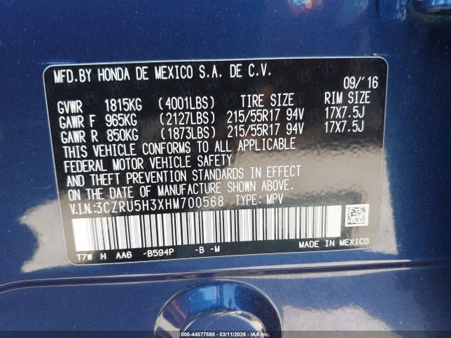 3CZRU5H3XHM700568 Honda HR-V LX