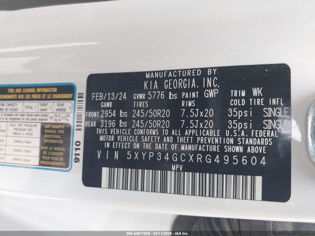 Продаж на аукціоні авто 2024 Kia Telluride Ex, vin: 5XYP34GCXRG495604, номер лоту: 44577609