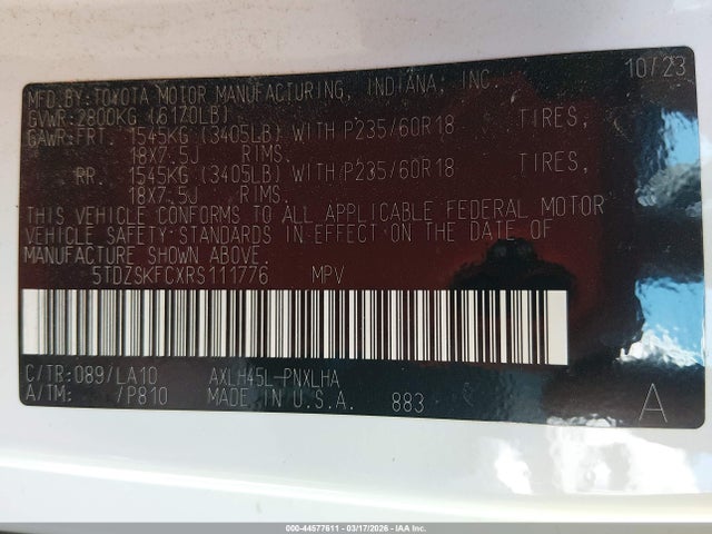 Aukcja sprzedaży 2024 Toyota Sienna Limited, vin: 5TDZSKFCXRS111776, numer aukcji: 44577611