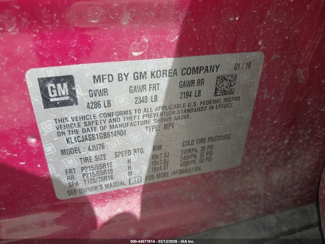 Aukcja sprzedaży 2016 Buick Encore, vin: KL4CJASB1GB614904, numer aukcji: 44577614
