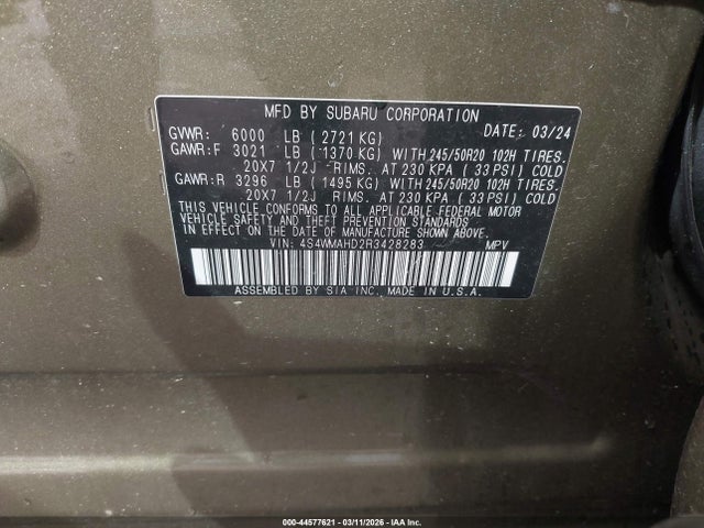44577621 :رقم المزاد ، 4S4WMAHD2R3428283 vin ، 2024 Subaru Ascent Onyx Edition 7-passenger مزاد بيع