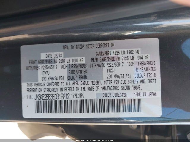 44577622 :رقم المزاد ، JM3KE2BE3E0319812 vin ، 2014 Mazda Cx-5 Sport مزاد بيع