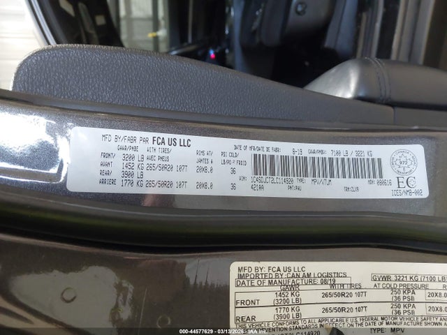 44577629 :رقم المزاد ، 1C4SDJCT2LC114920 vin ، 2020 Dodge Durango R/t مزاد بيع