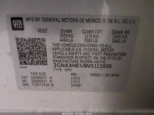 3GNAXHEV8NS115939 Chevrolet Equinox Fwd Ls