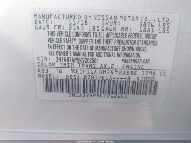 44577665 :رقم المزاد ، 3N1AB7AP5KY262661 vin ، 2019 Nissan Sentra S مزاد بيع