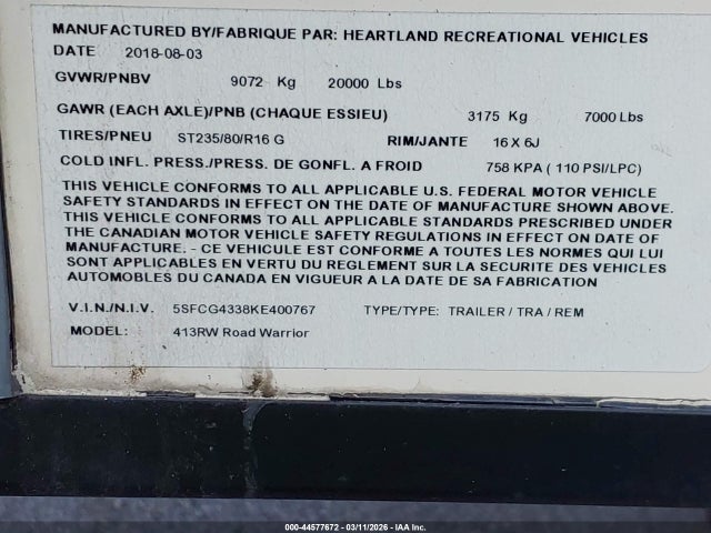 2019 Heartland 413 მანქანა იყიდება აუქციონზე, vin: 5SFCG4338KE400767, აუქციონის ნომერი: 44577672