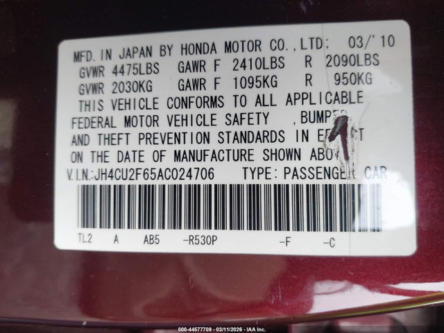 Aukcja sprzedaży 2010 Acura Tsx 2.4, vin: JH4CU2F65AC024706, numer aukcji: 44577709
