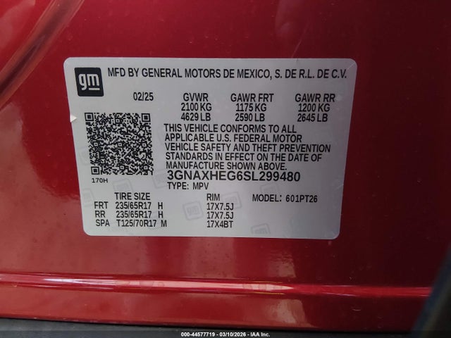 Продаж на аукціоні авто 2025 Chevrolet Equinox Fwd Lt, vin: 3GNAXHEG6SL299480, номер лоту: 44577719