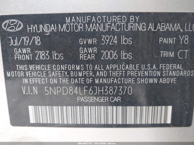 5NPD84LF6JH387370 Hyundai ELANTRA SEL