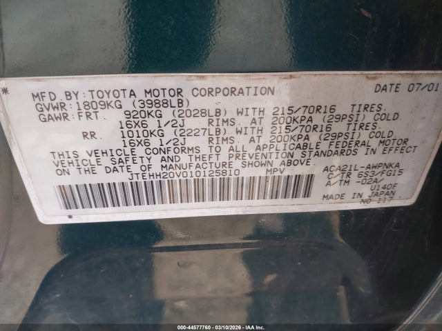 Продаж на аукціоні авто 2001 Toyota Rav4, vin: JTEHH20V010125810, номер лоту: 44577760