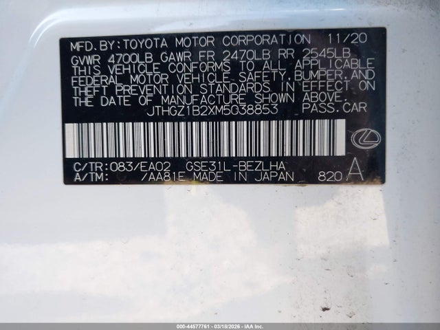 Aukcja sprzedaży 2021 Lexus Is 350 F Sport, vin: JTHGZ1B2XM5038853, numer aukcji: 44577761