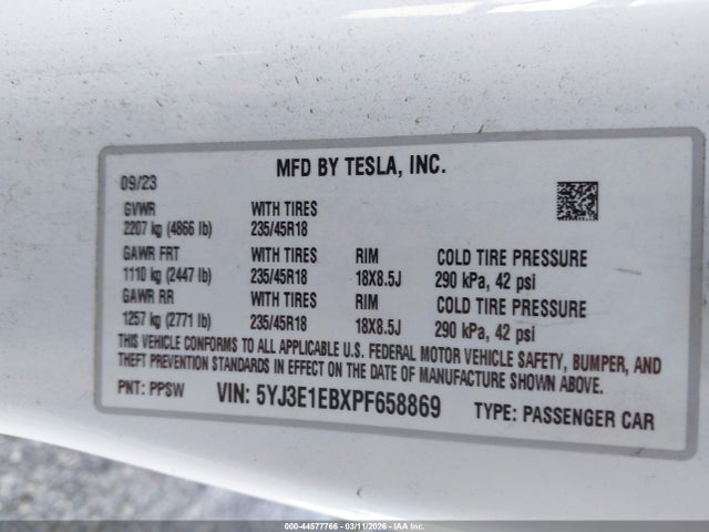 Продажа на аукционе авто 2023 Tesla Model 3 Long Range Dual Motor All-wheel Drive, vin: 5YJ3E1EBXPF658869, номер лота: 44577766