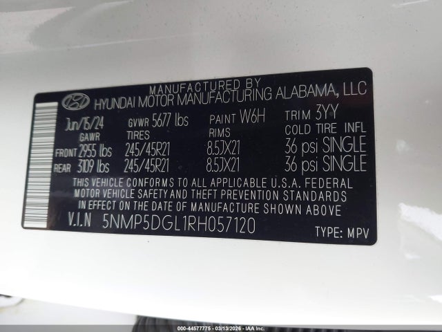 Aukcja sprzedaży 2024 Hyundai Santa Fe Calligraphy, vin: 5NMP5DGL1RH057120, numer aukcji: 44577775