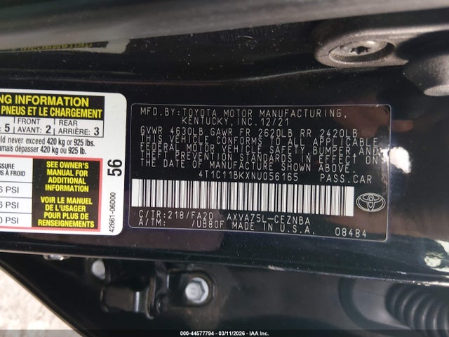 2022 Toyota Camry Le Awd მანქანა იყიდება აუქციონზე, vin: 4T1C11BKXNU056165, აუქციონის ნომერი: 44577794
