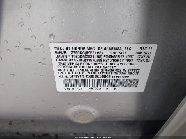 2011 HONDA PILOT 5FNYF3H58BB036848 Photo 8