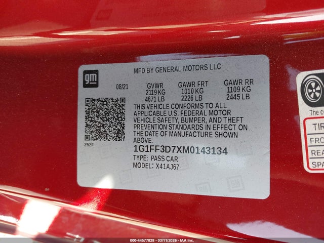 2021 CHEVROLET CAMARO 1G1FF3D7XM0143134 Photo 8