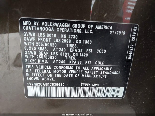 1V2NR2CA5KC535630 Volkswagen Atlas 3.6l V6 Sel Premium