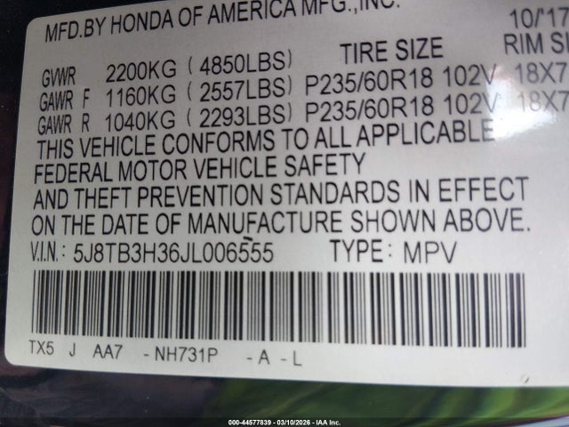 5J8TB3H36JL006555 Acura Rdx Acurawatch Plus Package