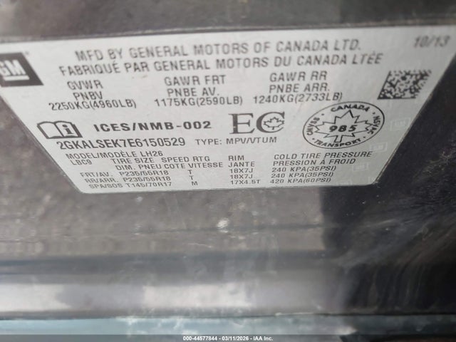 44577844 :رقم المزاد ، 2GKALSEK7E6150529 vin ، 2014 Gmc Terrain Slt-1 مزاد بيع