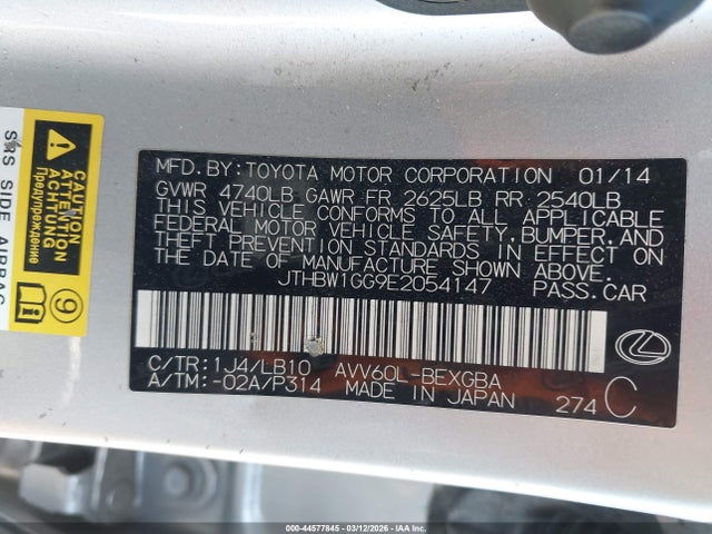 44577845 :رقم المزاد ، JTHBW1GG9E2054147 vin ، 2014 Lexus Es 300h مزاد بيع