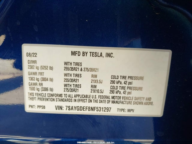 Продаж на аукціоні авто 2022 Tesla Model Y Performance Dual Motor All-wheel Drive, vin: 7SAYGDEF8NF531297, номер лоту: 44577850