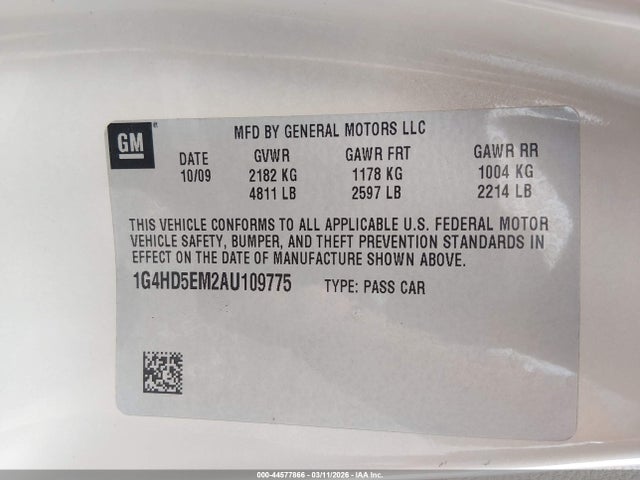 2010 Buick Lucerne Cxl მანქანა იყიდება აუქციონზე, vin: 1G4HD5EM2AU109775, აუქციონის ნომერი: 44577866