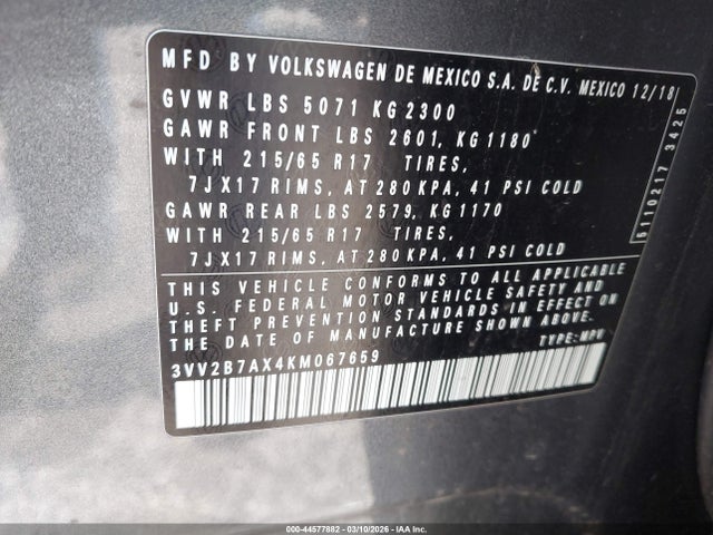 2019 Volkswagen Tiguan 2.0t Se/2.0t Sel/2.0t Sel R-line/2.0t Sel R-line Black მანქანა იყიდება აუქციონზე, vin: 3VV2B7AX4KM067659, აუქციონის ნომერი: 44577882
