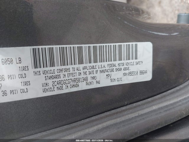 Продажа на аукционе авто 2017 Dodge Grand Caravan Sxt, vin: 2C4RDGCG7HR581348, номер лота: 44577885